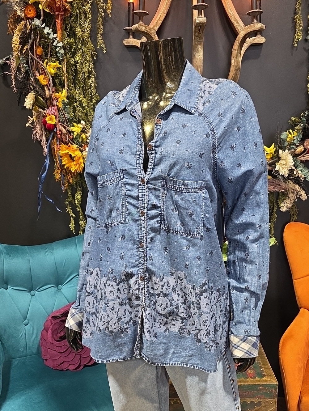 Free People Blue Printed Denim Button-Down Shirt